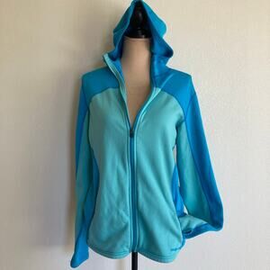 Patagonia Zip Jacket Women L Aqua Blue Hooded Polartec Power Dry Fleece Trekking